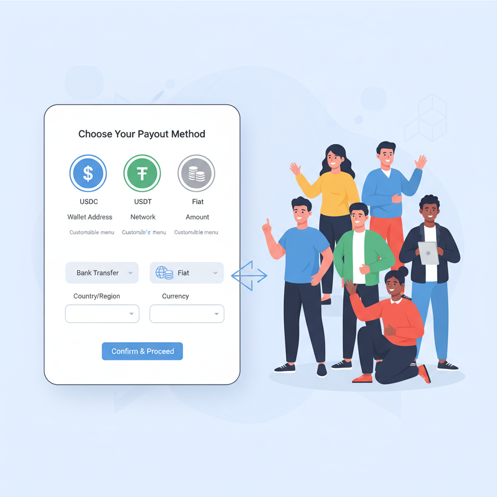 payout options screen with USDC USDT fiat icons, customizable dropdowns, happy global workers