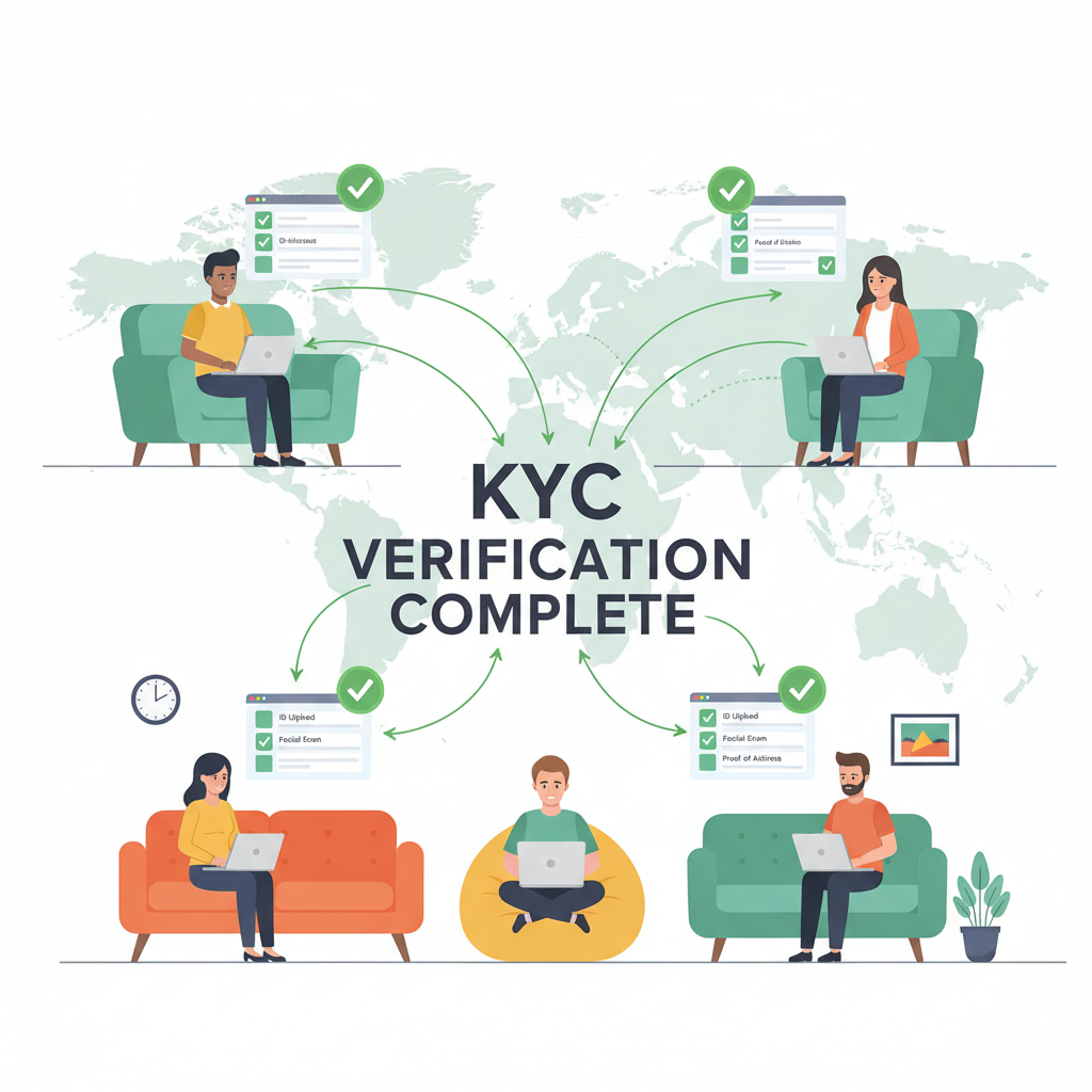 diverse remote team on laptops completing KYC verification, green checkmarks, world map connections