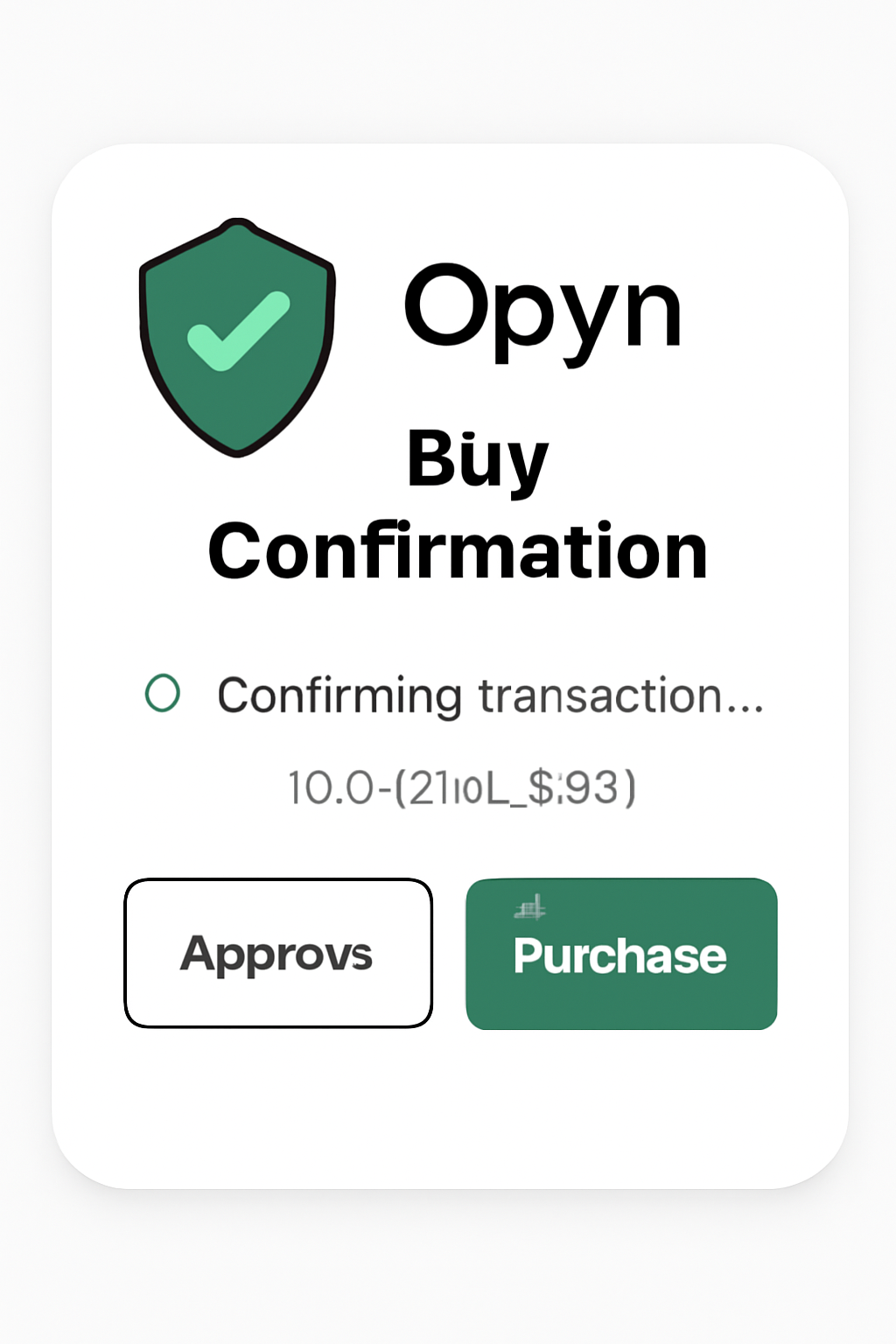 Screenshot of Opyn buy confirmation modal with approve and purchase buttons, tx hash pending