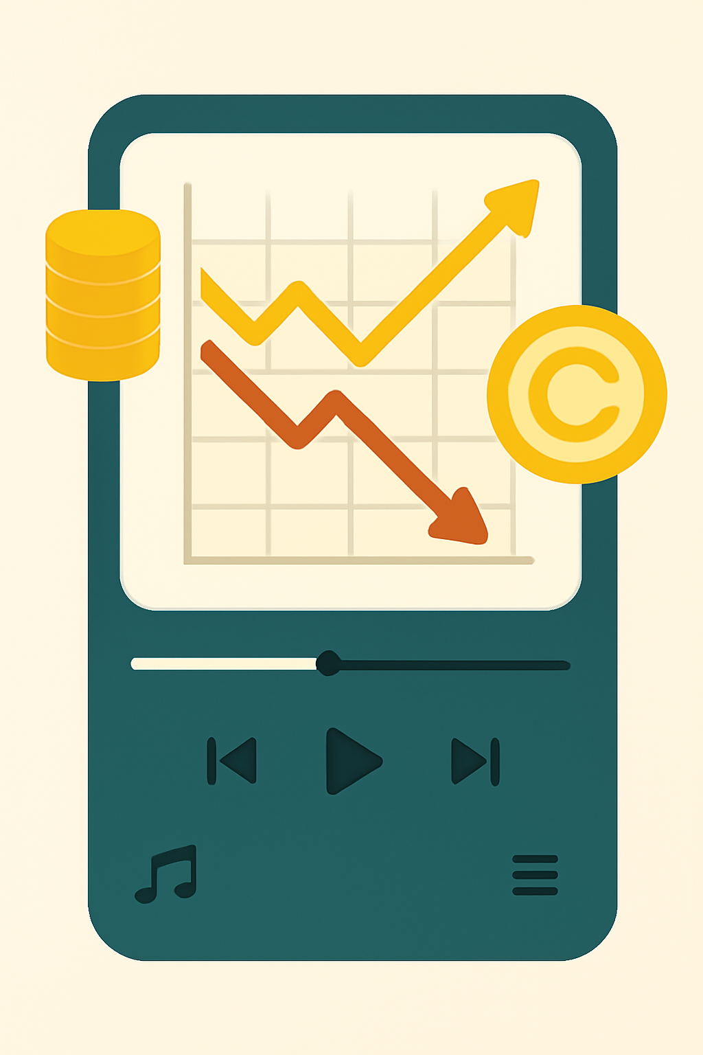 A chart showing upward and downward trends overlaid on a digital music player, with coins and royalty symbols.