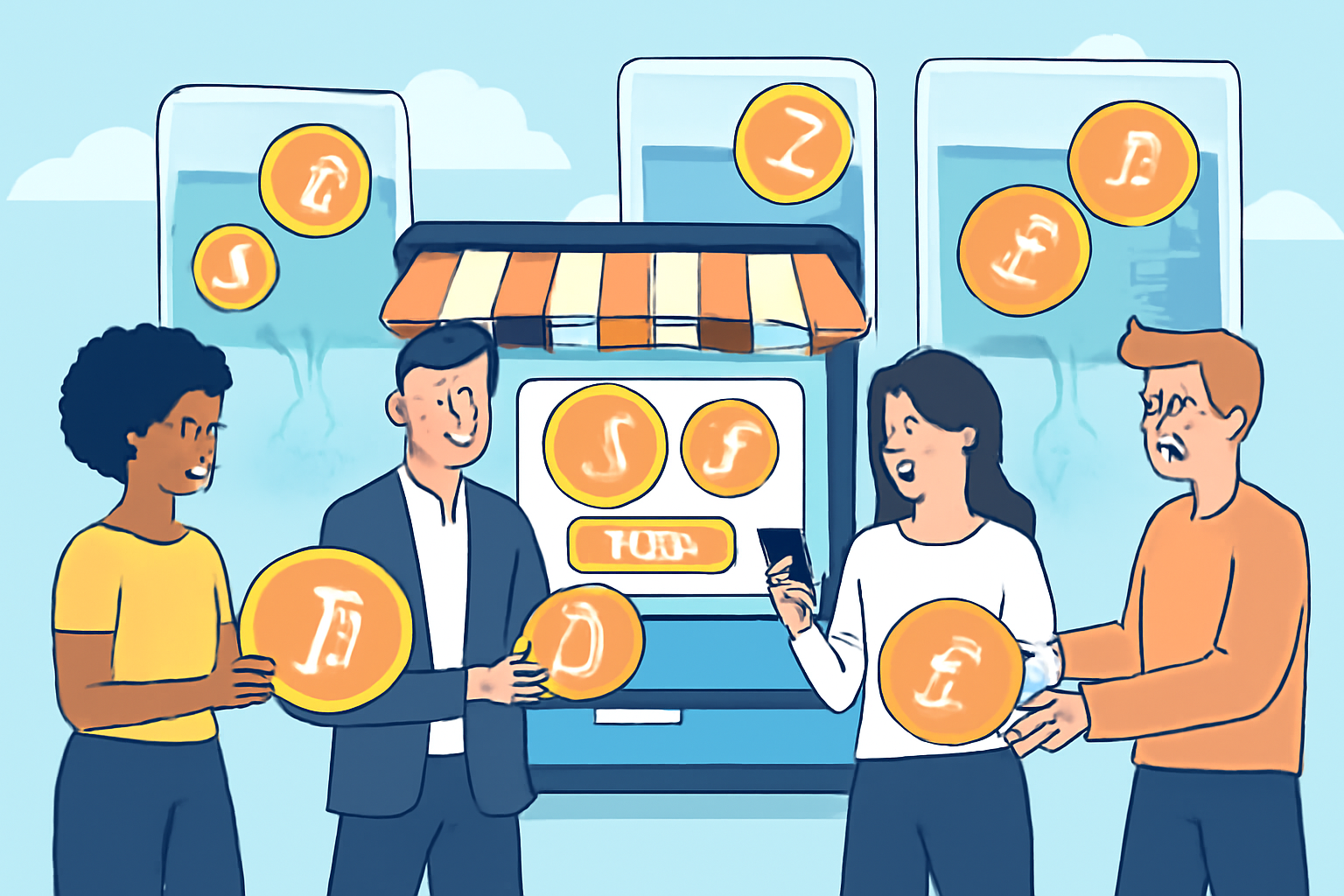 A bustling digital marketplace with music tokens being exchanged between diverse investors, with liquidity pools in the background.