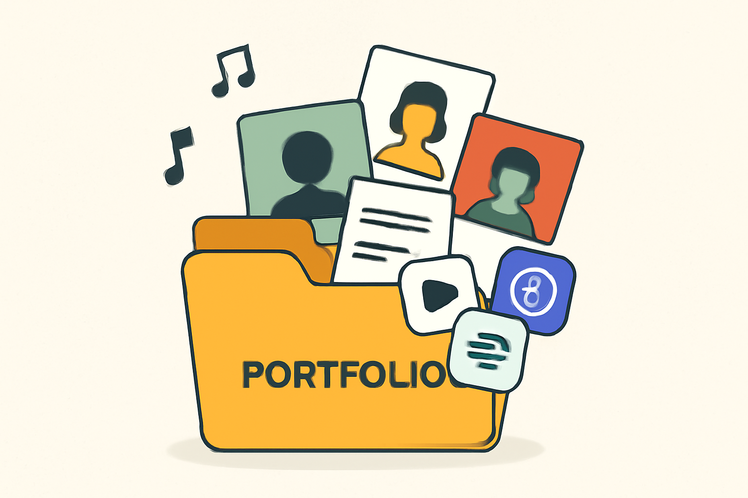 A portfolio folder with music notes, artist images, and platform logos spilling out, symbolizing diversification.