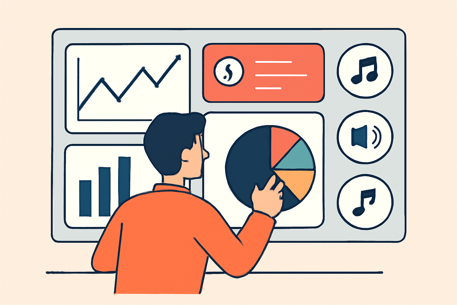 A dashboard with graphs, notifications, and music icons, showing an investor reviewing and adjusting their portfolio.