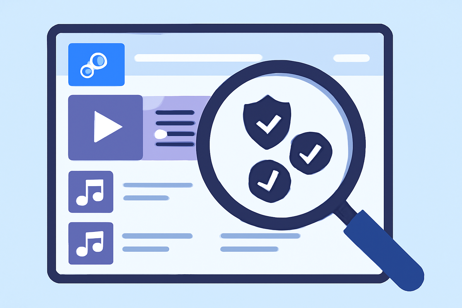 A magnifying glass examining a blockchain-based music platform interface, highlighting security badges and verified artist releases.