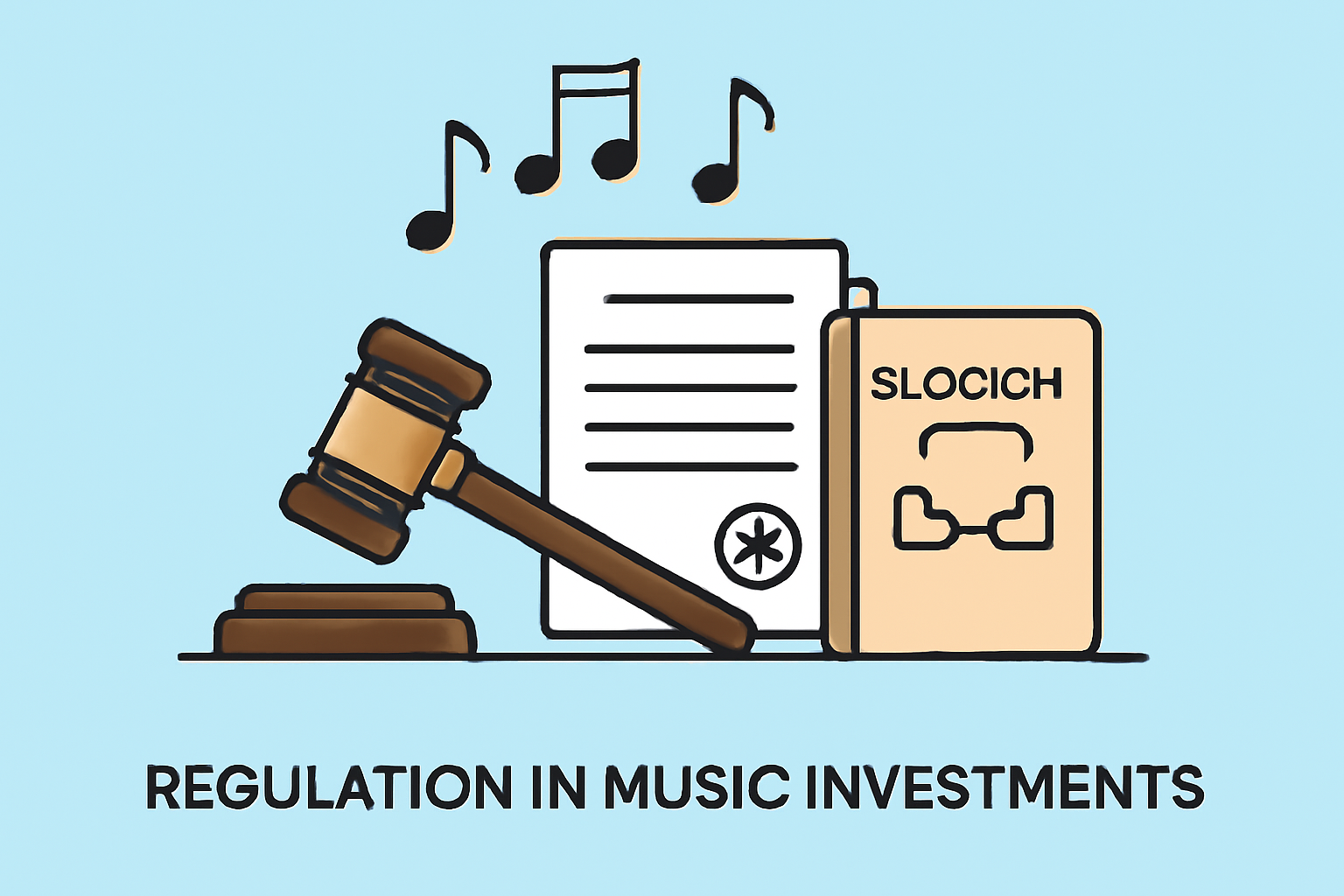 A gavel, legal documents, and a blockchain ledger, with music notes floating above, representing regulation in music investments.
