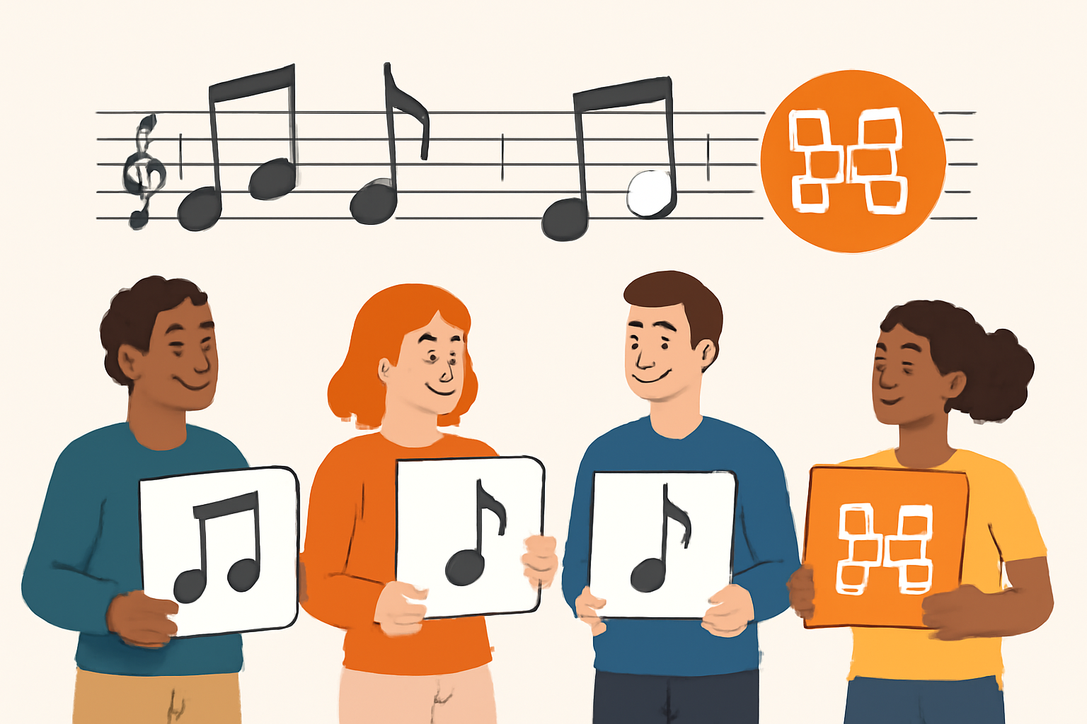 A digital illustration of music notes transforming into blockchain tokens, with diverse people holding pieces of a song.