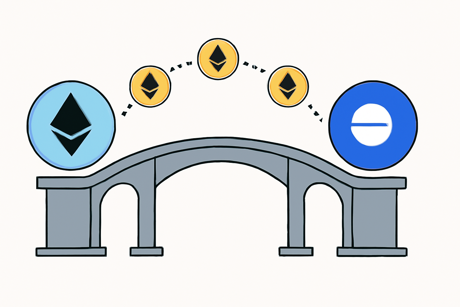 A bridge spanning two blockchain icons, with ETH coins moving from one side to the other, Base logo on the destination.