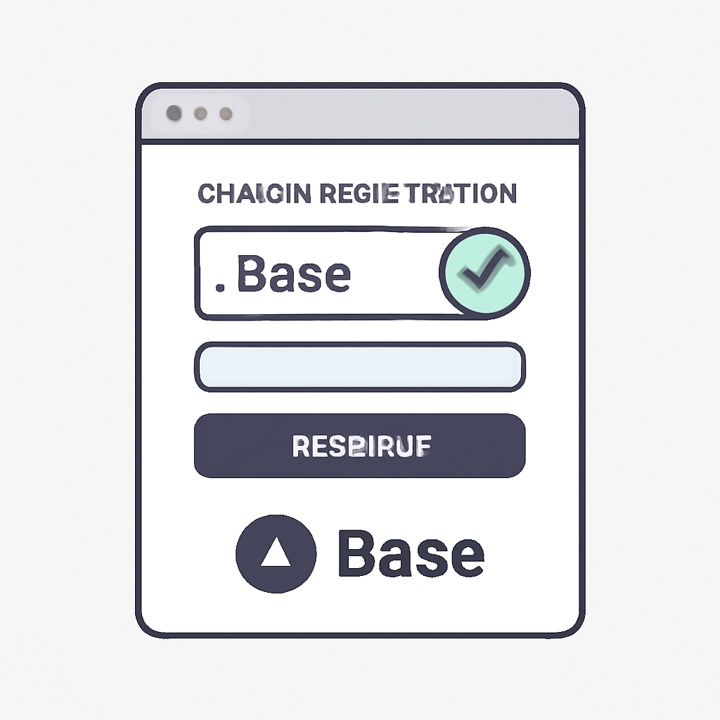 A digital domain registration form displaying a .base domain, with a checkmark and Base branding.