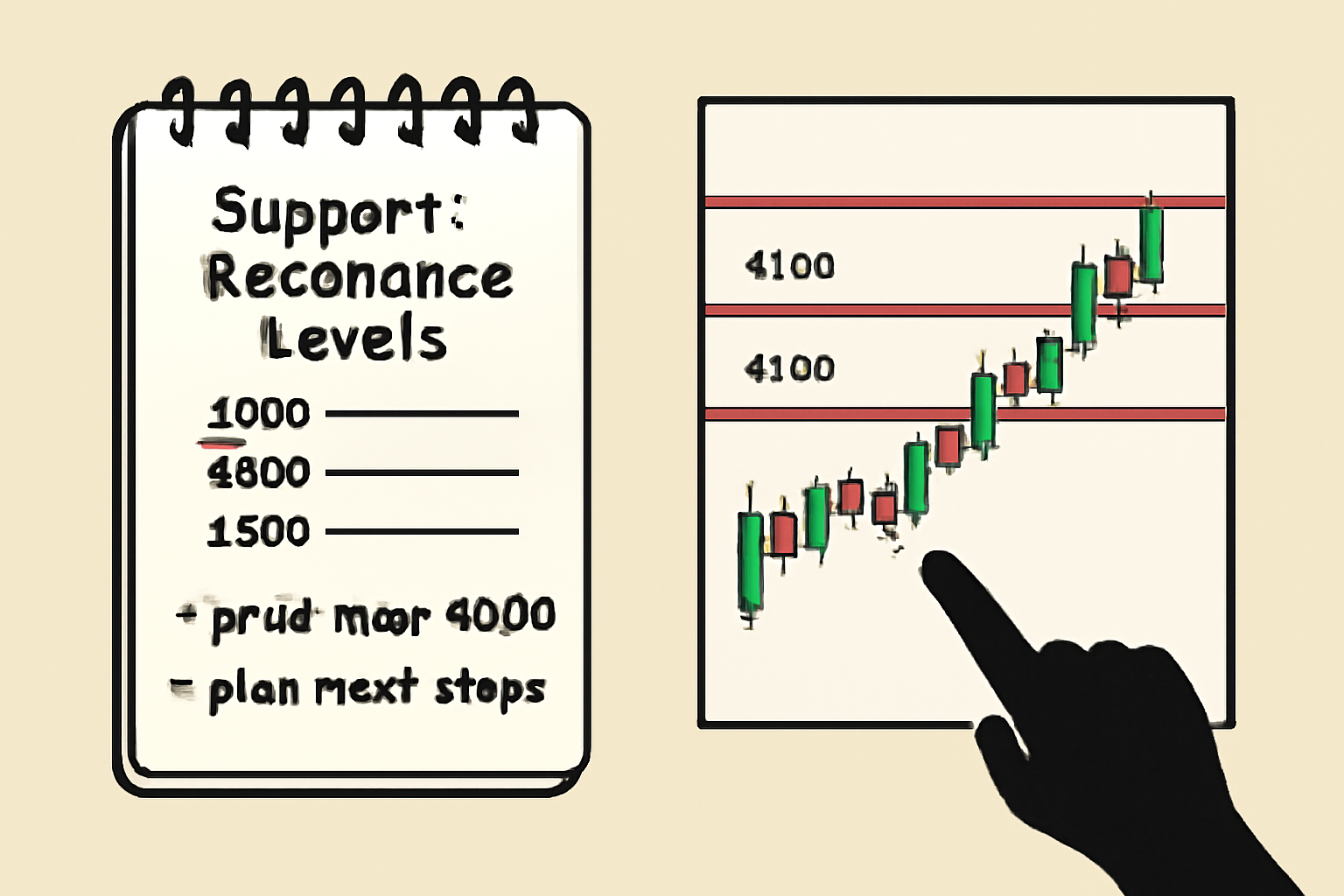 A digital notepad with handwritten support/resistance levels and price notes, next to a chart, user planning next steps.