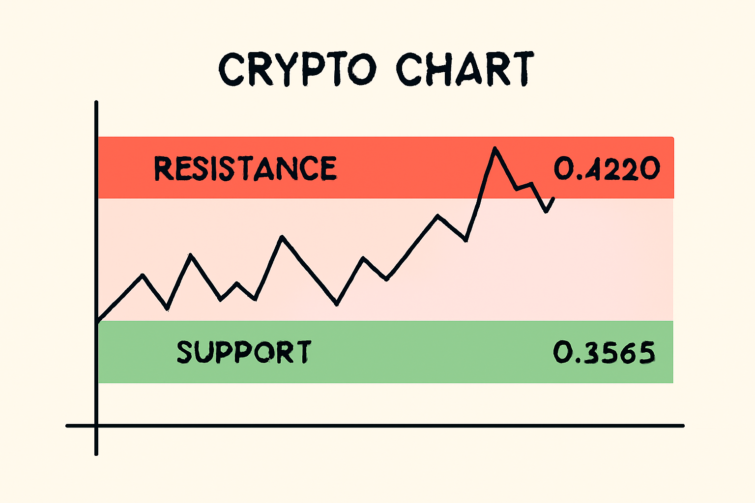 A crypto chart with horizontal lines at $0.3565 (support) and $0.4220 (resistance), clear visual distinction between zones.