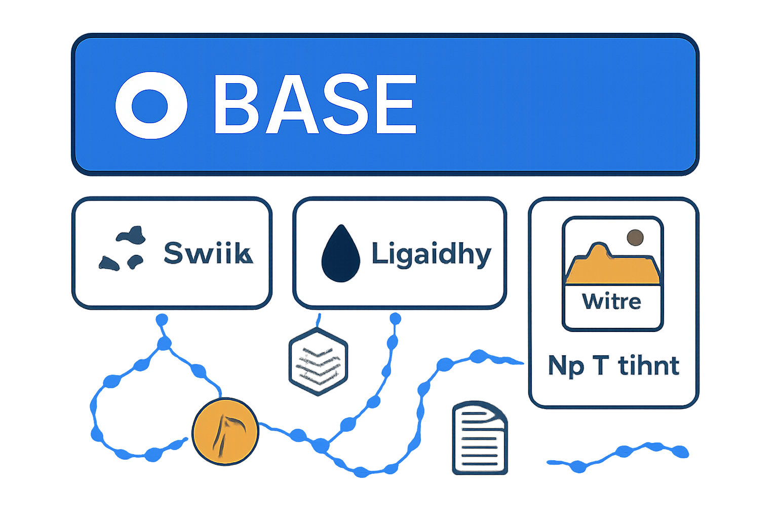 A user interface with swap, liquidity, and NFT minting icons, Base logo prominent, lively onchain activity.