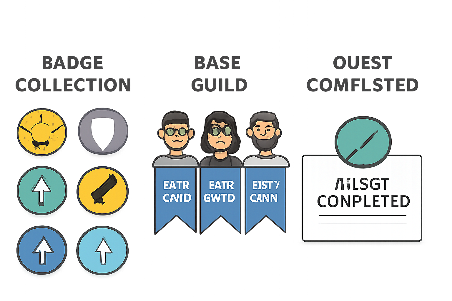 A digital badge collection, avatars with Base Guild banners, and quest completion notifications.