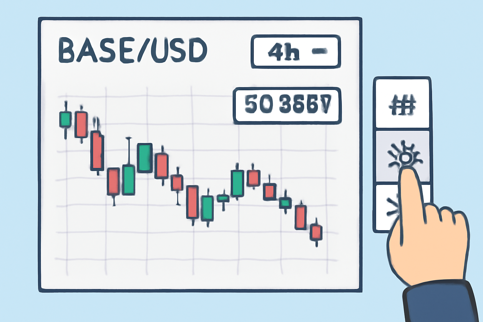 A crypto trading chart showing BASE/USD, timeframe set to 4-hour candles, price at $0.3967 highlighted, user adjusting chart settings.