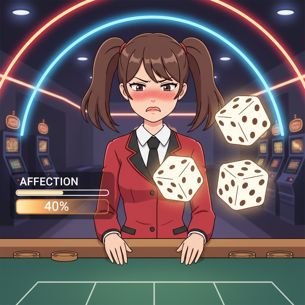 tsundere girl at dice table, rolling 4 matching pattern, 40% affection meter glowing, casino lights