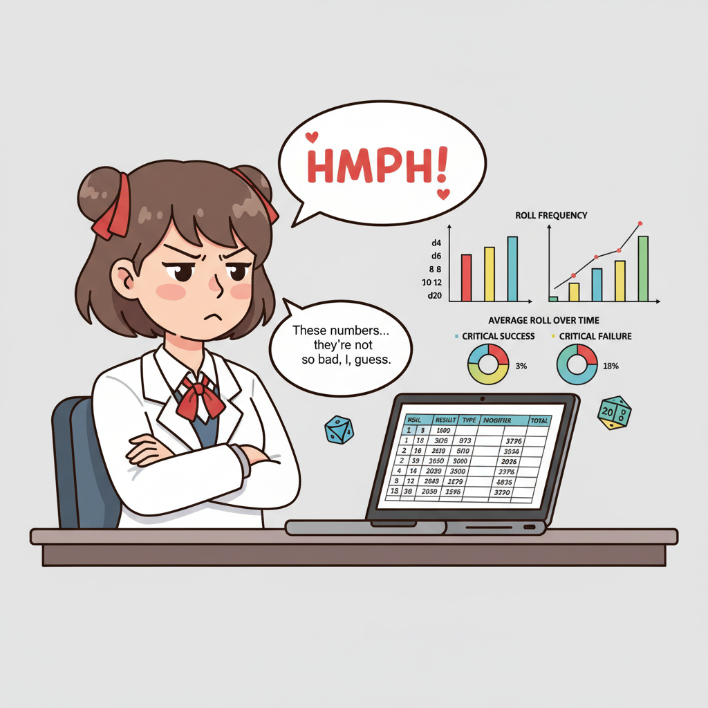 spreadsheet with dice logs and charts, tsundere reviewing data on laptop, analytical graphs