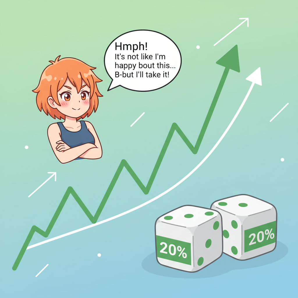 winning streak graph rising, larger 20% bet dice roll, excited tsundere character, green upward arrows