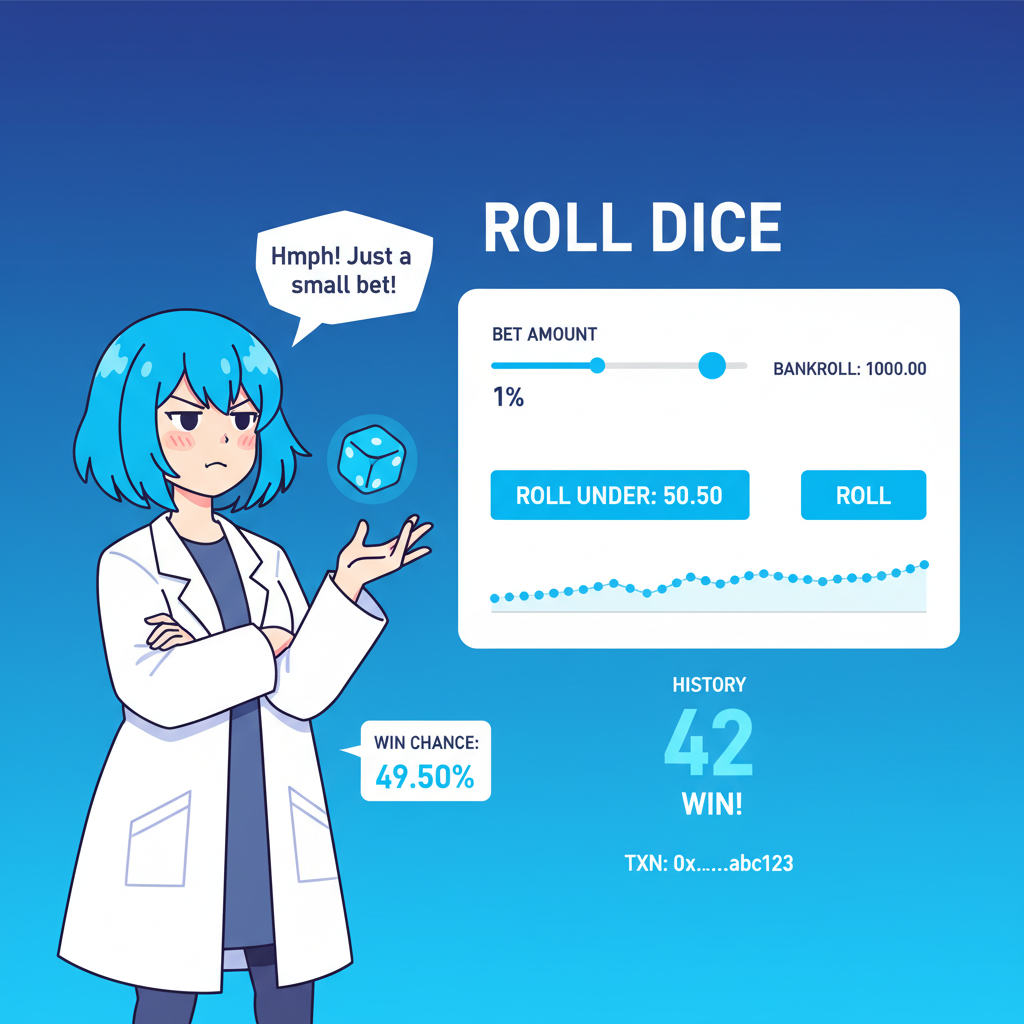 minimalist blockchain dice game interface, small bet 1% bankroll, tsundere anime girl rolling die, neon blue tones