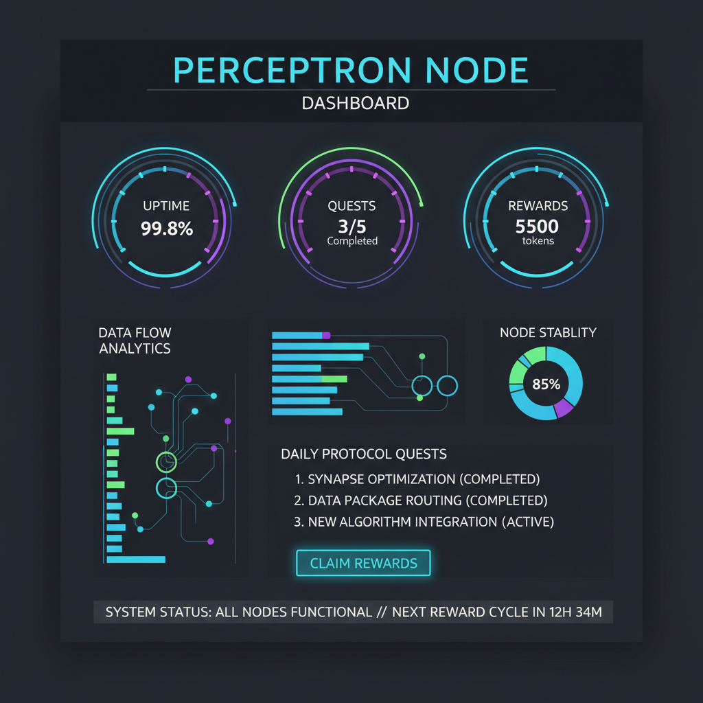 perceptron node dashboard screen showing uptime quests rewards, neon charts modern ui