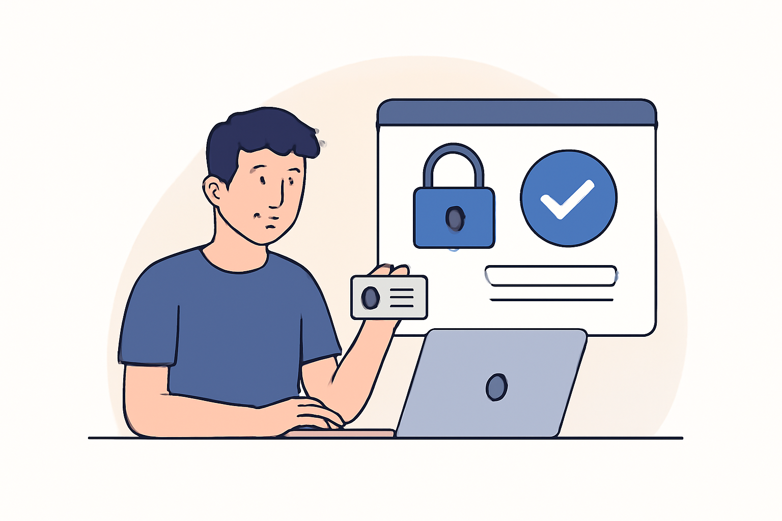 A user uploading identification documents on a secure website, with a padlock and checkmark symbolizing verification and security.