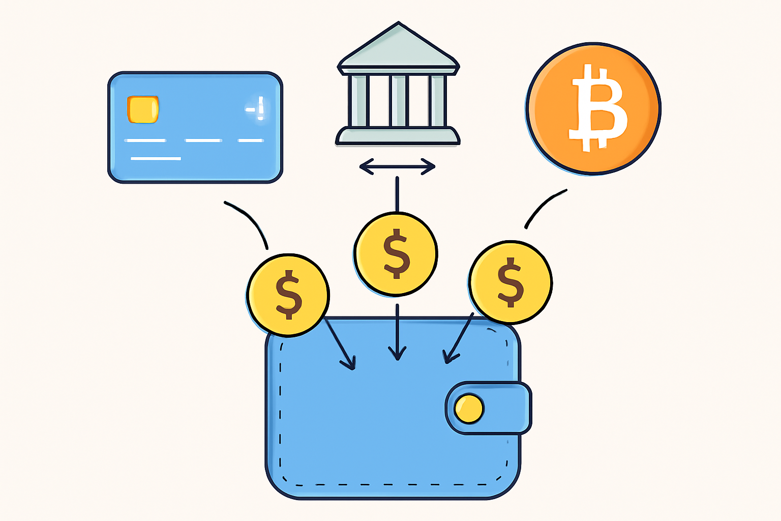 A digital wallet receiving funds from various sources: bank card, bank transfer, and cryptocurrency icons.