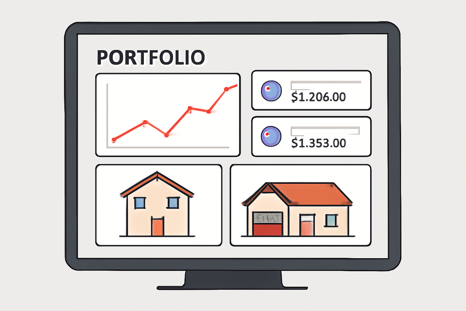 A computer screen showing a portfolio dashboard with graphs, income notifications, and property images.