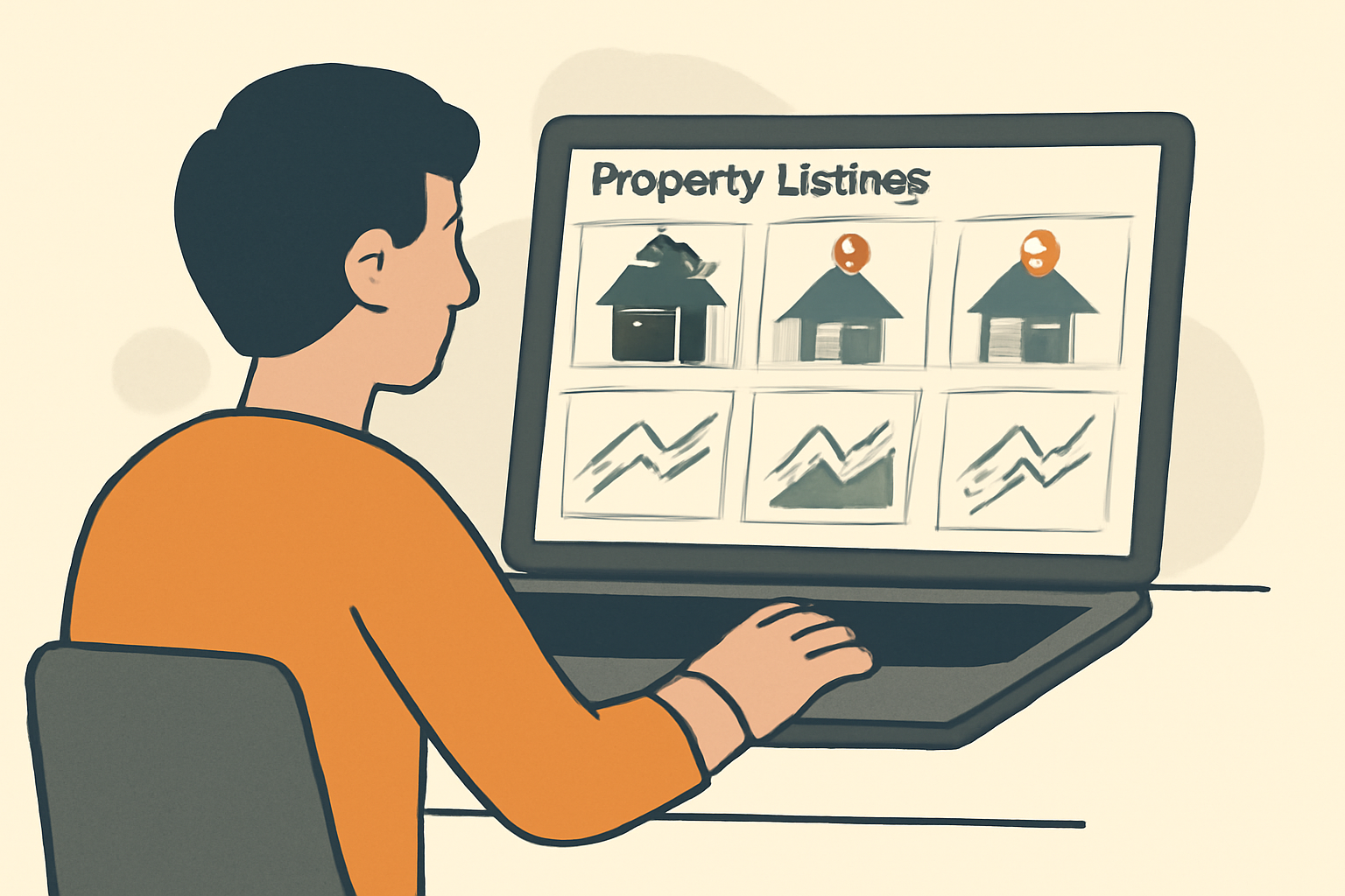 A user reviewing a dashboard with different property listings, each with performance charts and location pins.