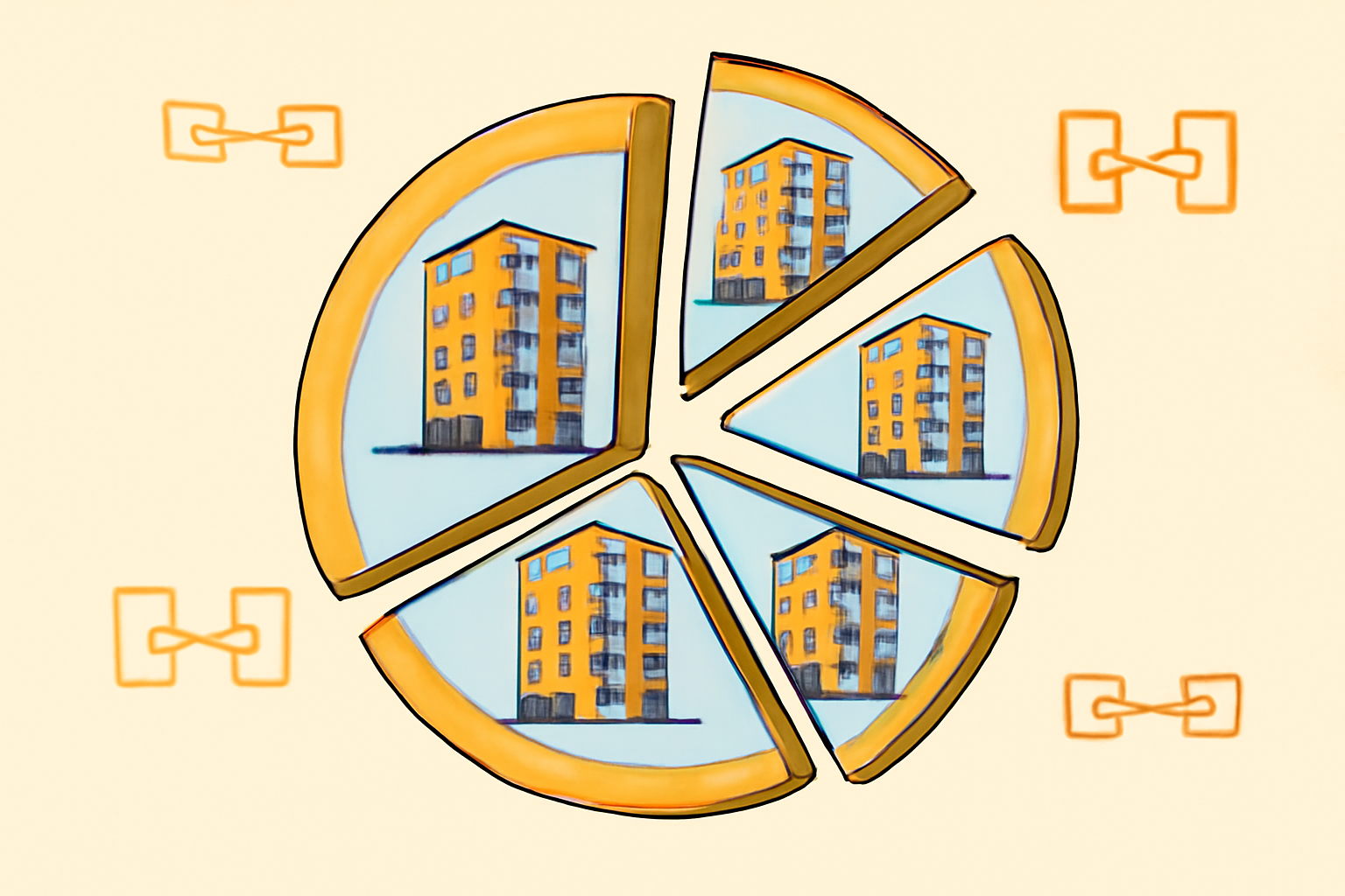 A digital token splitting into several pieces, each representing a share of a modern apartment building, with blockchain icons in the background.