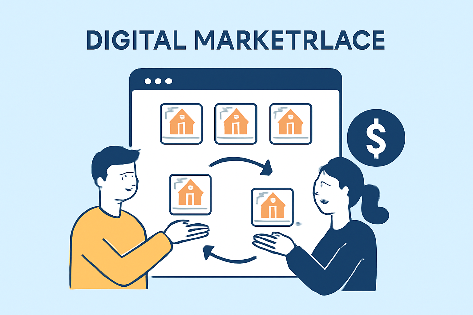 A digital marketplace with property tokens being exchanged between users, highlighting liquidity and flexibility.