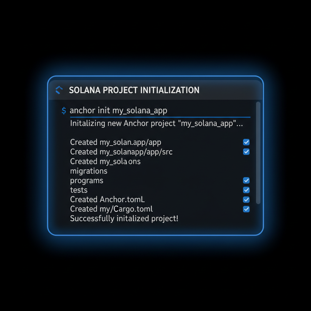 terminal window running anchor init command for Solana project, clean code output, futuristic blue glow