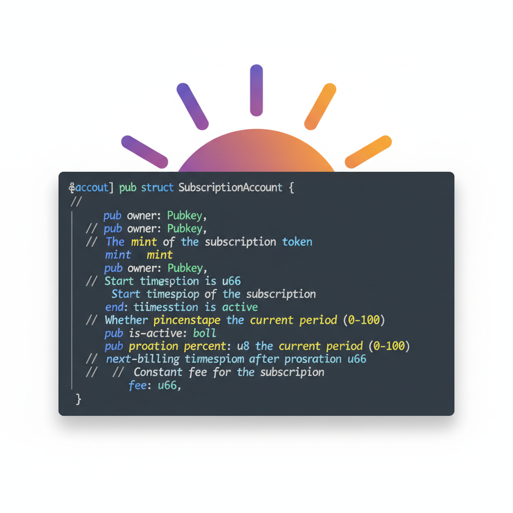 Rust code snippet defining Anchor account struct with proration fields, syntax highlighted, Solana logo background
