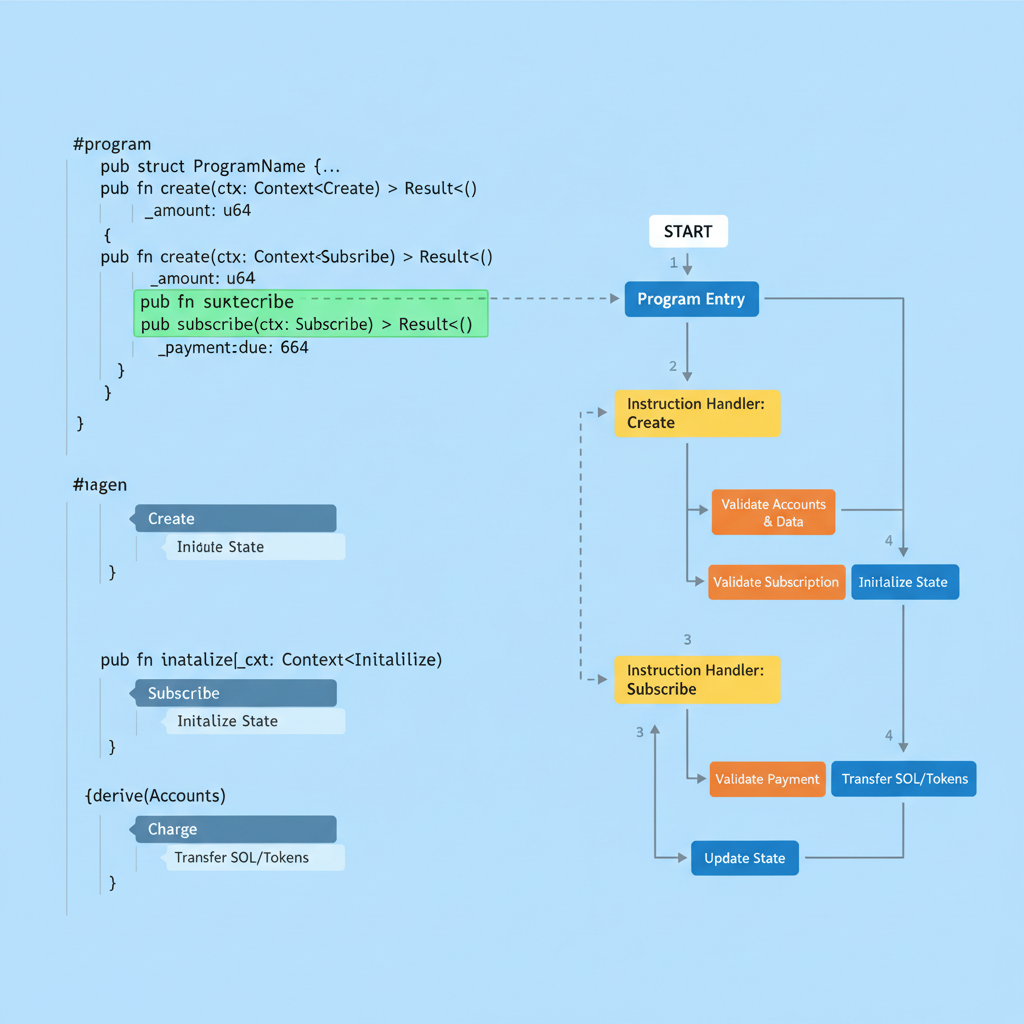 Rust Anchor program code with create subscribe charge functions, instruction handlers highlighted, dynamic flowchart overlay