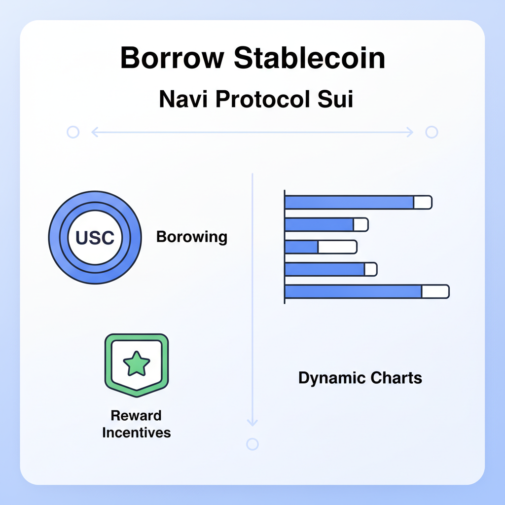 borrow stablecoin panel Navi Protocol Sui, USDC icon borrowing, reward incentives badge, dynamic charts