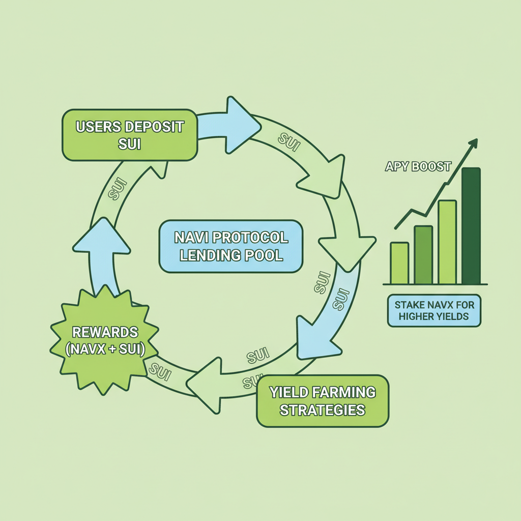 looping yield farm cycle diagram Navi Protocol, SUI arrows circulating, APY boost chart rising, optimistic green tones