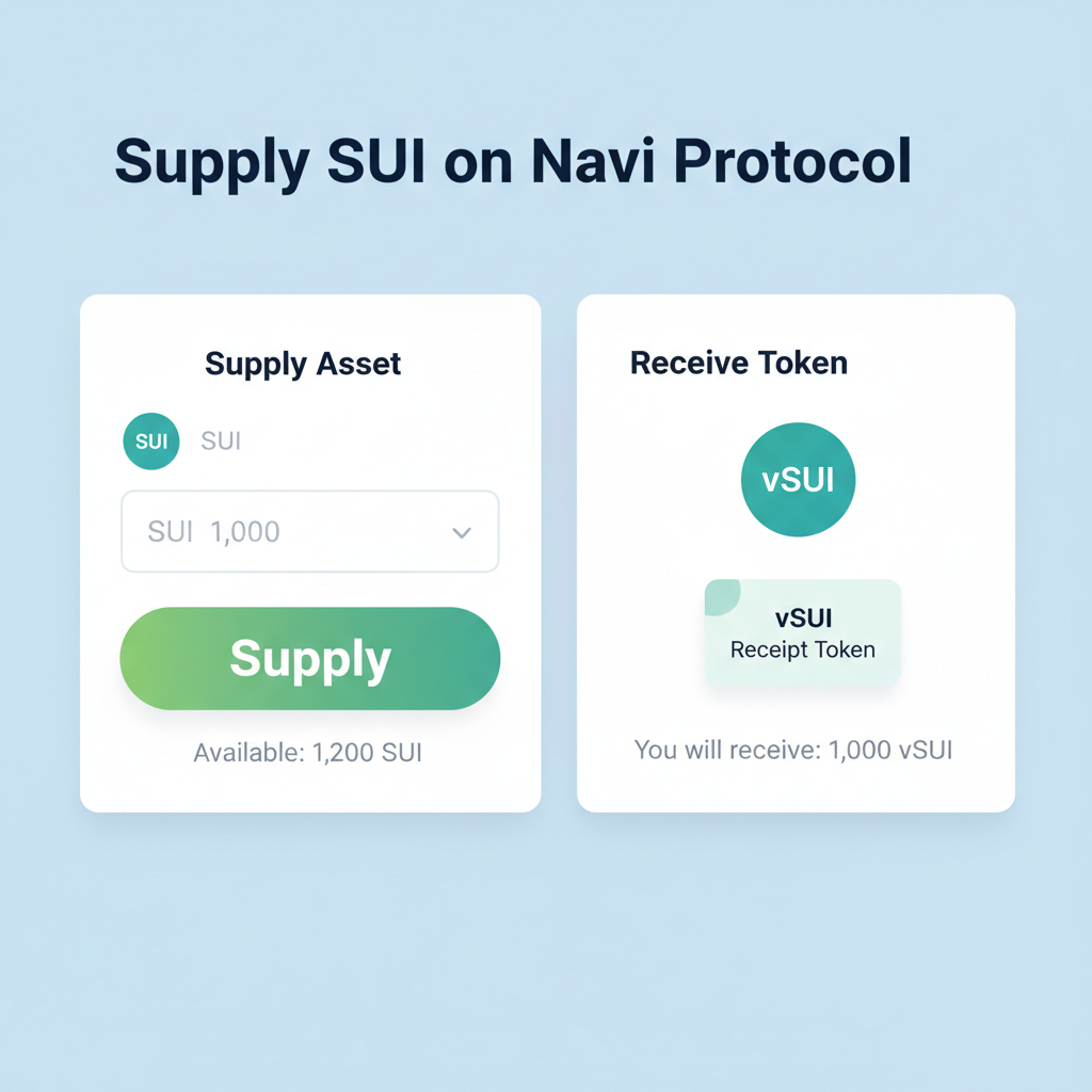 supply SUI token interface on Navi Protocol, green supply button, vSUI receipt token appearing, clean modern design