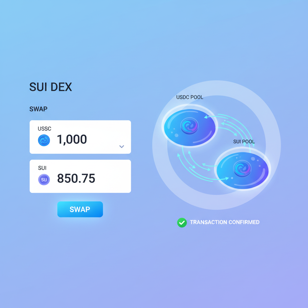 Sui DEX swap interface, USDC to SUI exchange, liquidity pools glowing, fast transaction animation