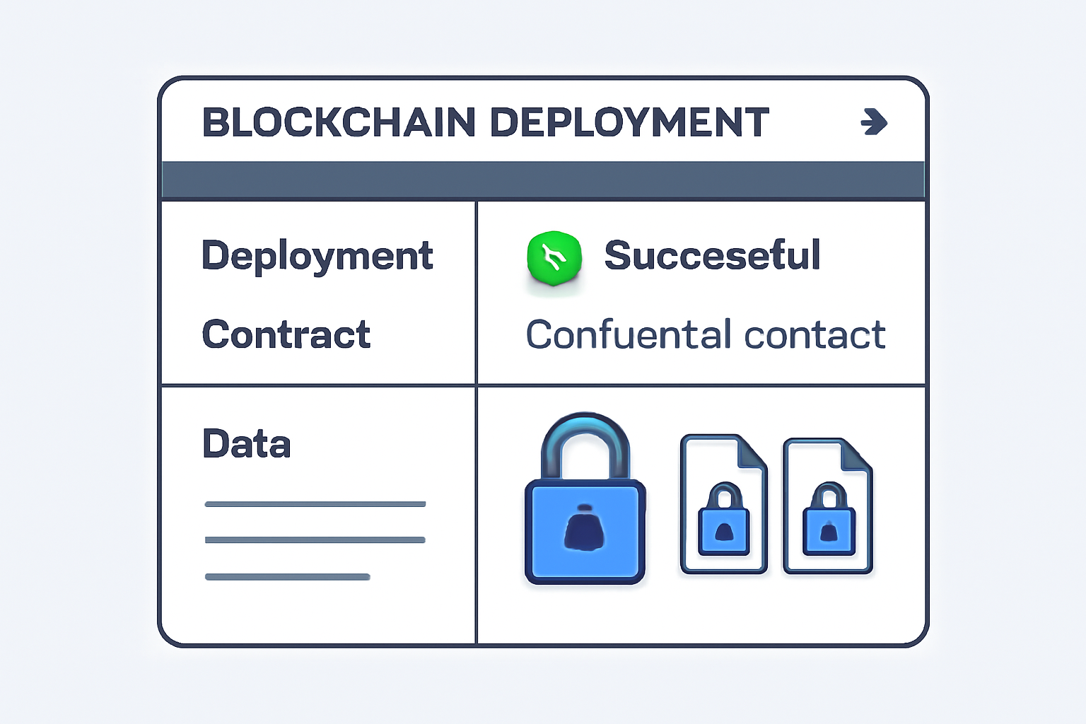 A blockchain deployment dashboard showing a successful deployment of a confidential contract, with encrypted data icons.