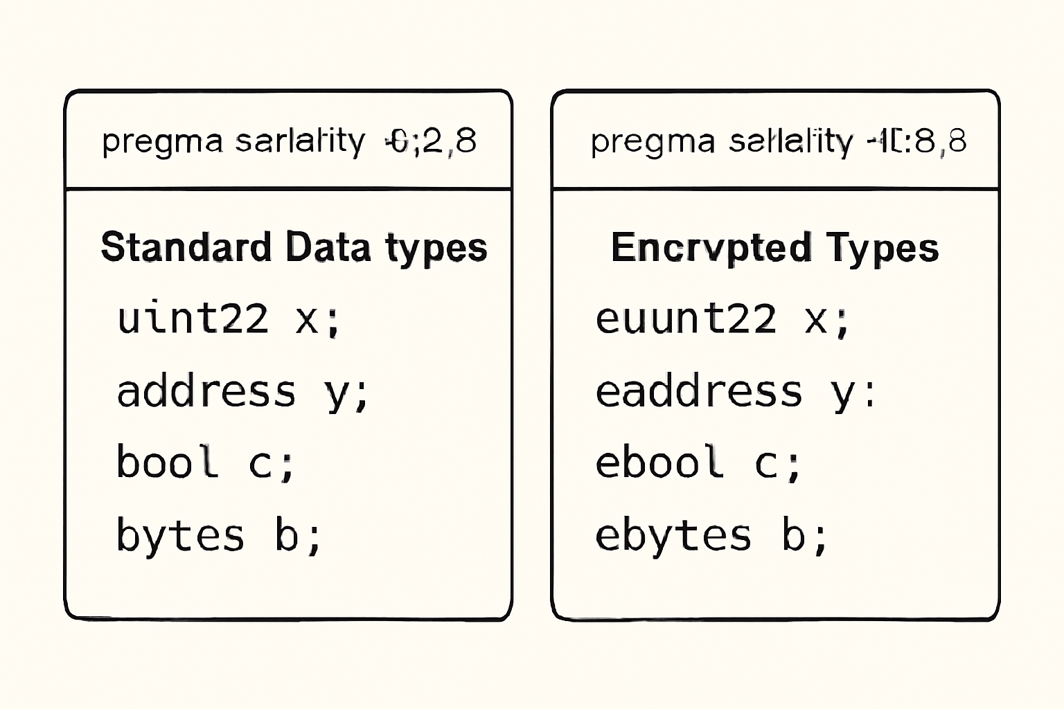 A side-by-side comparison of Solidity code, showing standard data types on the left and encrypted types (e.g., euint32) on the right.