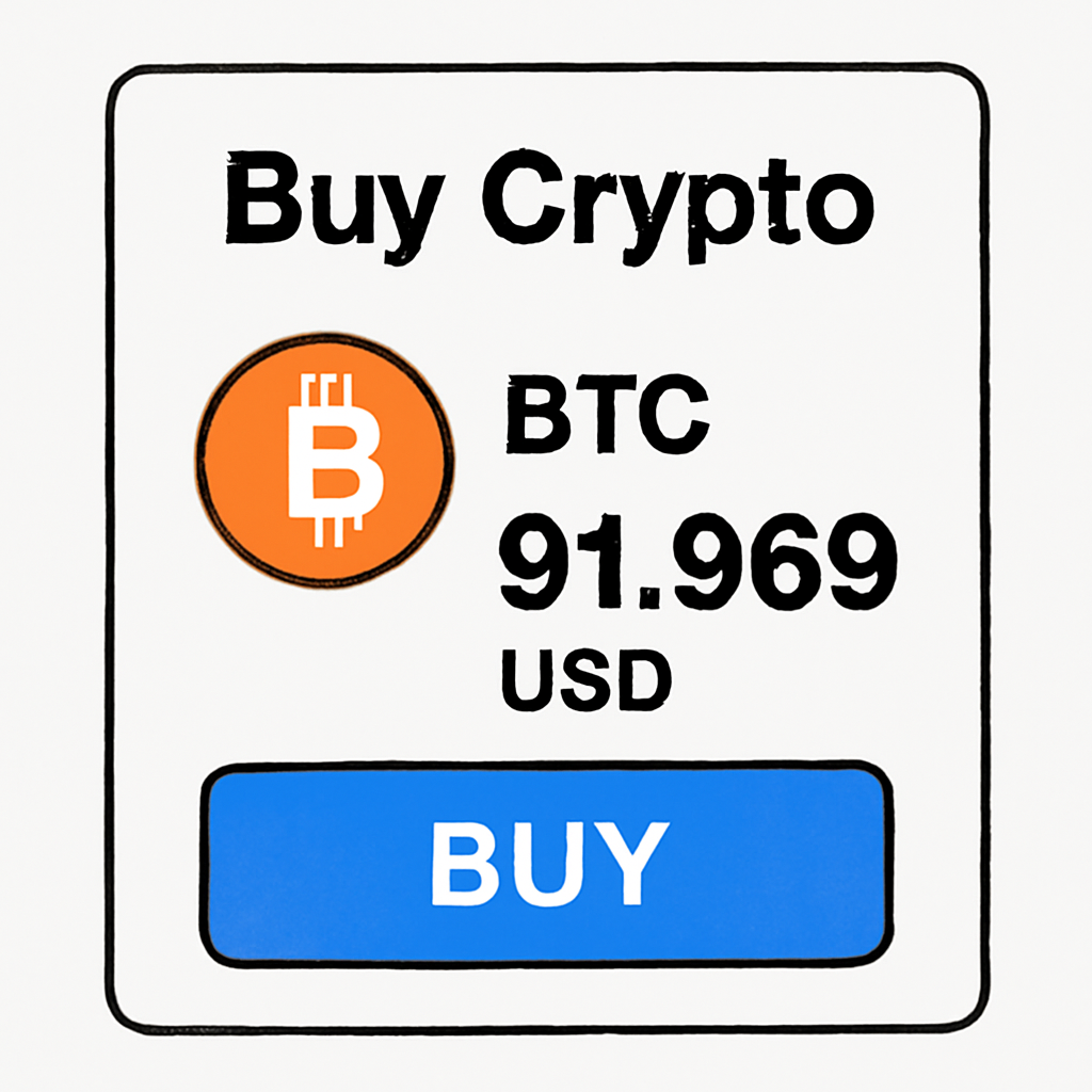 crypto buy interface showing BTC at $91,969 USD, buy button