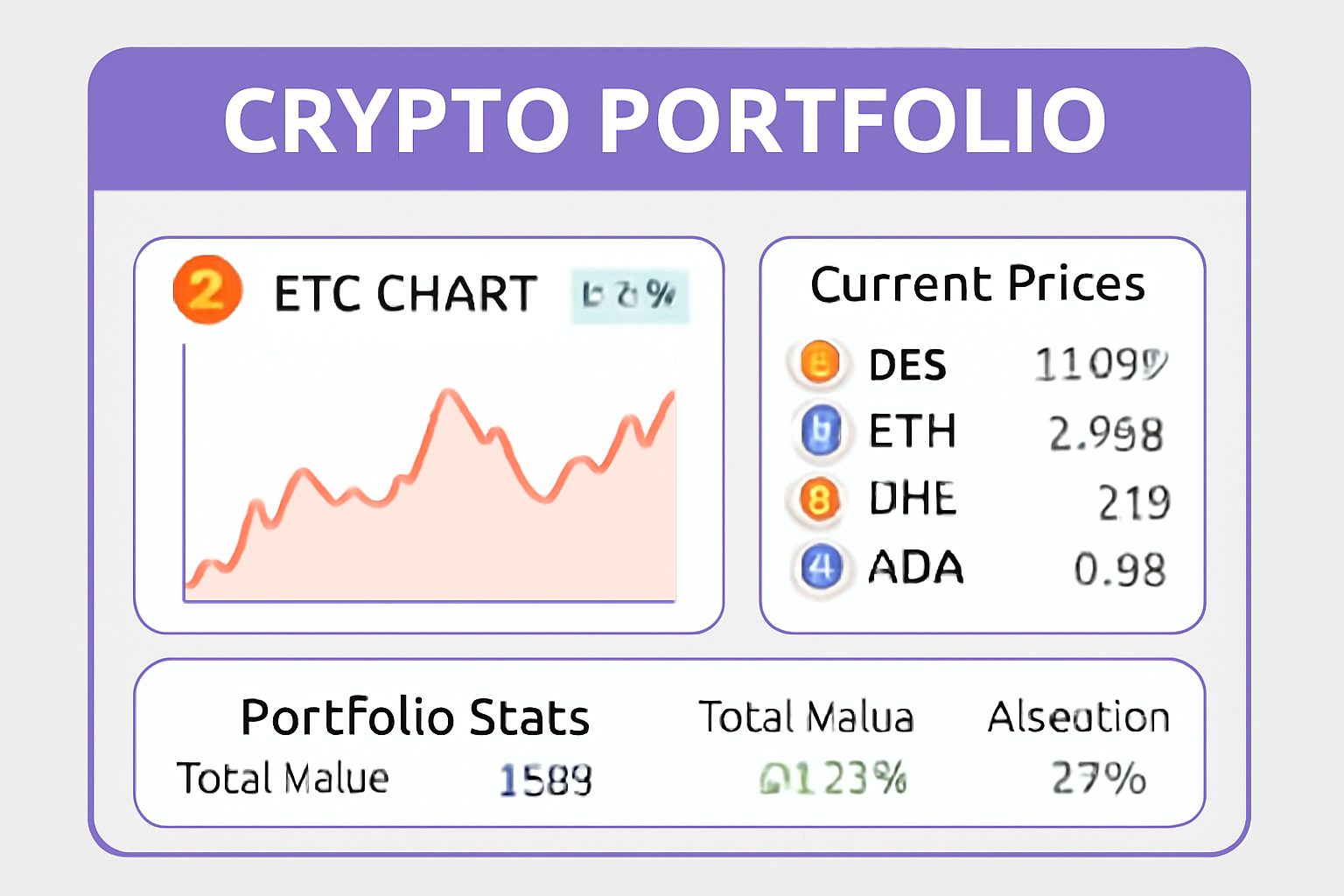 crypto portfolio dashboard with BTC chart, prices and stats
