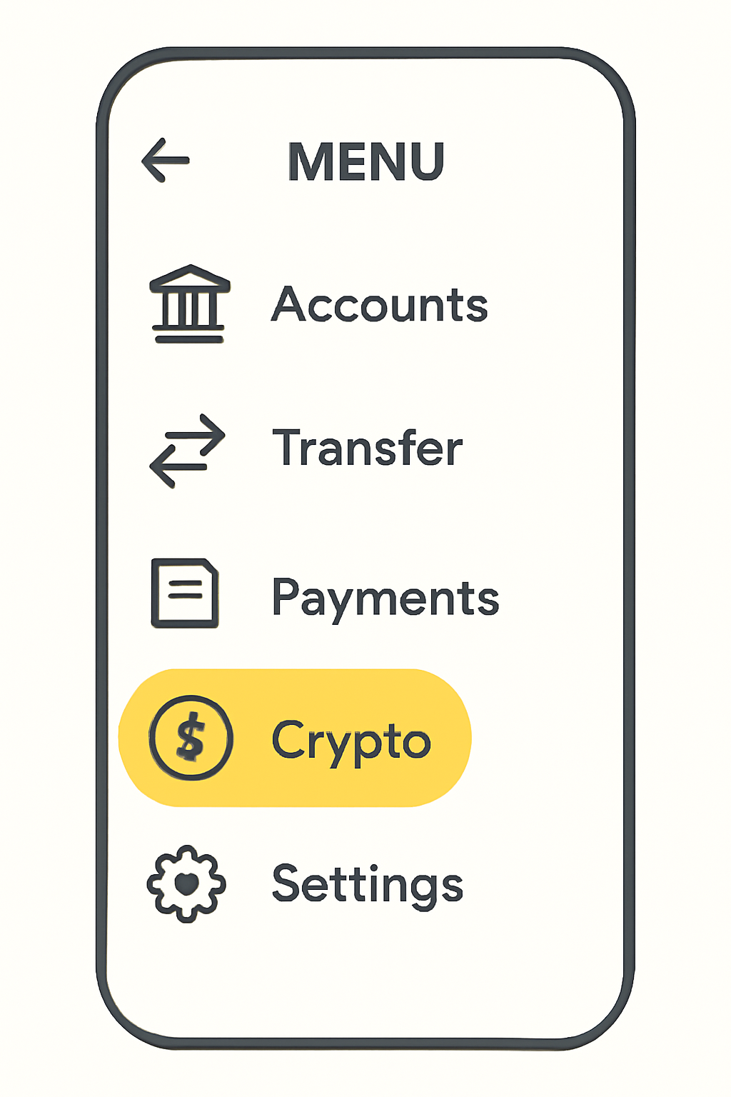 mobile banking app menu highlighting crypto tab icon, simple interface