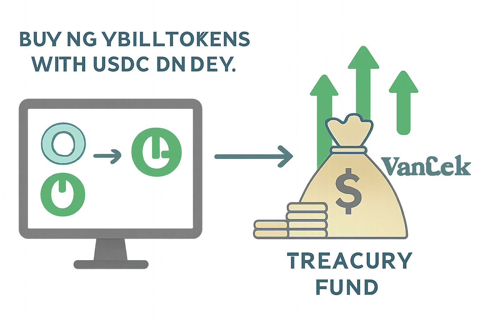 Buying VBILL tokens with USDC on DEX, VanEck logo, treasury fund visualization, upward yield arrows