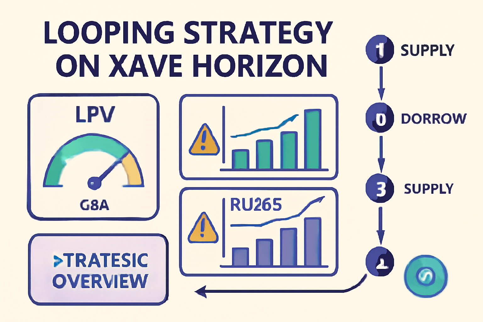 Looping strategy dashboard on Aave Horizon, LTV gauge, yield charts for VBILL and RLUSD, caution icons, strategic overview