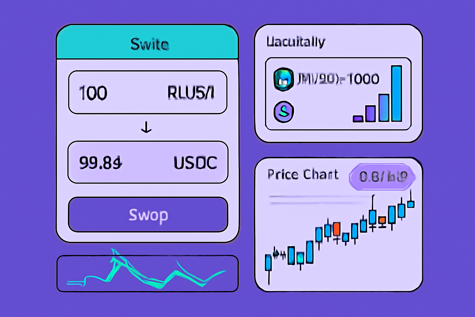 DEX swap screen, RLUSD converting to USDC, liquidity pools and charts visible, vibrant crypto trading vibe