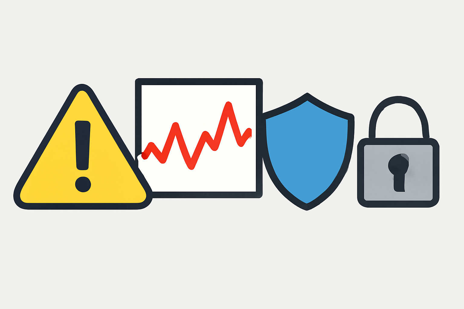 A warning sign next to a fluctuating chart, a shield, and a padlock, representing regulatory, market, and security risks.