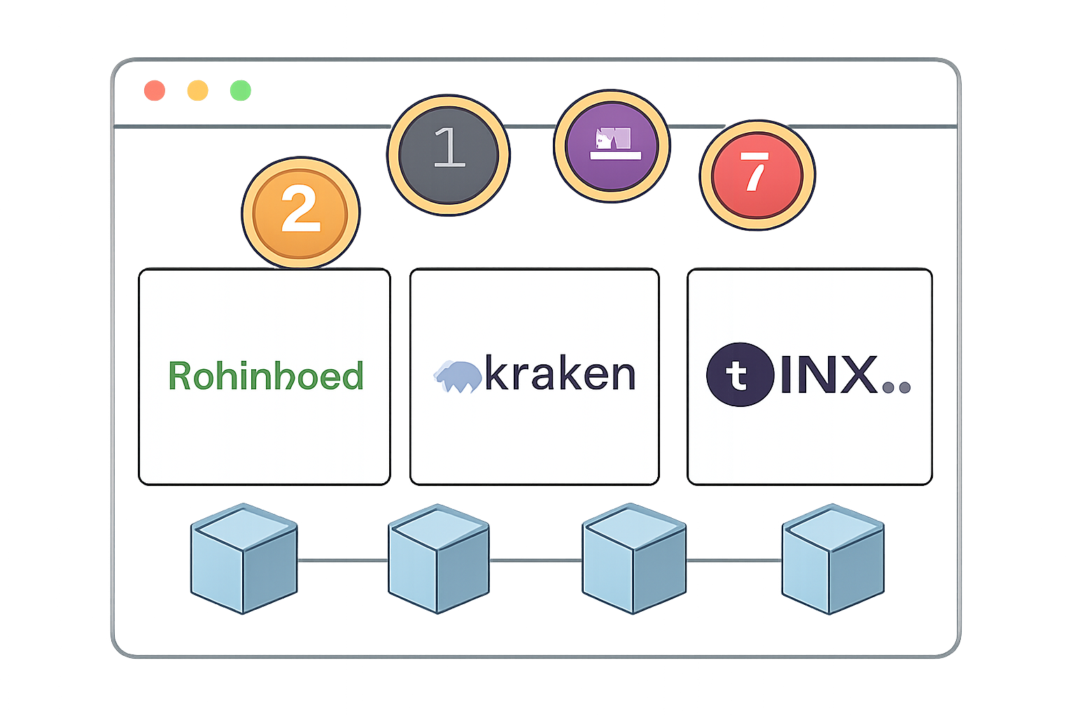 A modern digital dashboard showing logos of Robinhood, Kraken, and INX.one, with digital stock tokens floating above a blockchain network.