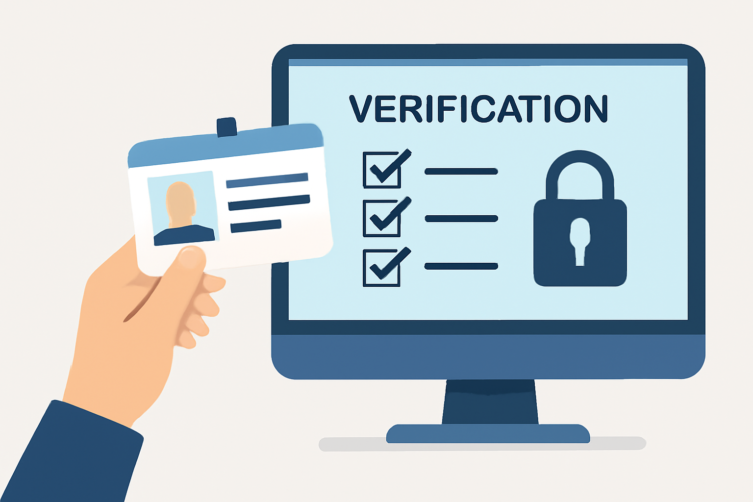 A person holding up an ID card in front of a computer screen displaying a verification checklist and a secure lock symbol.