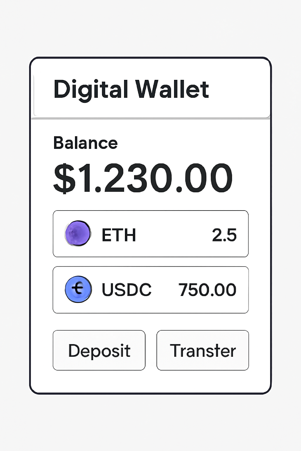 A digital wallet interface showing balances in USD, Ethereum, and USDC, with options to deposit or transfer funds.