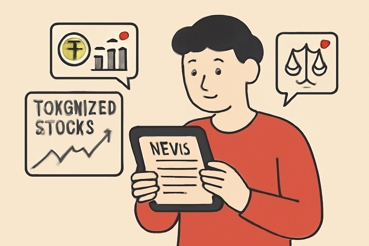 A person reading news on a tablet, with notifications and charts about tokenized stocks and regulations in the background.