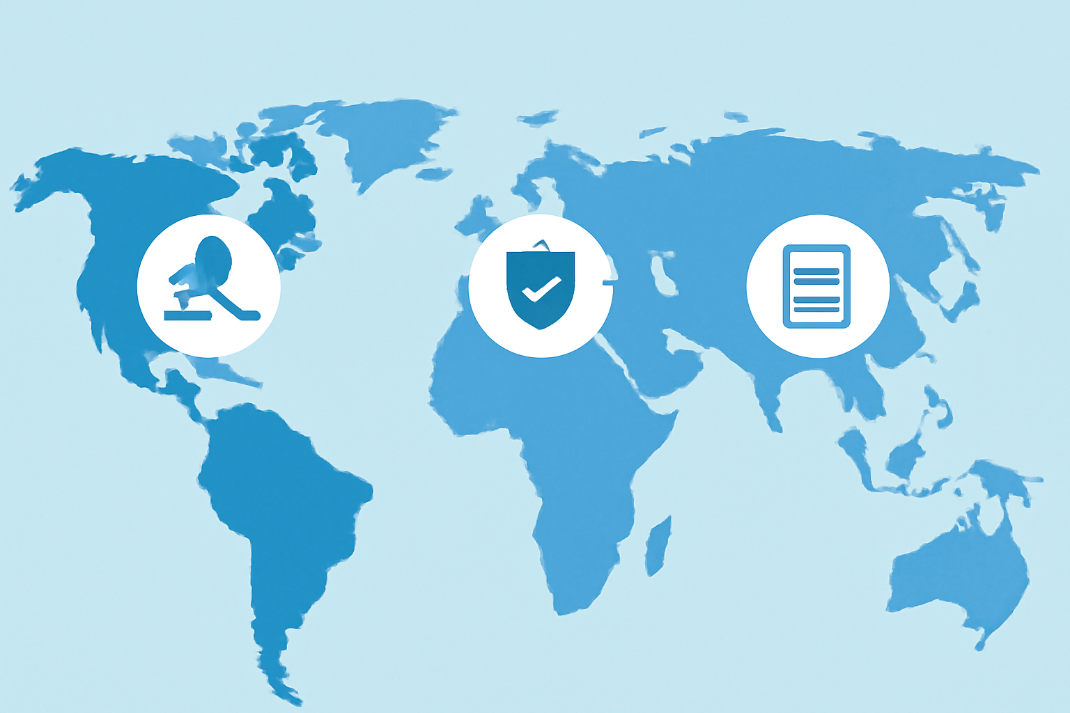 A world map highlighting the US, EU, and Asia, with regulatory icons (gavel, shield, document) over each region.