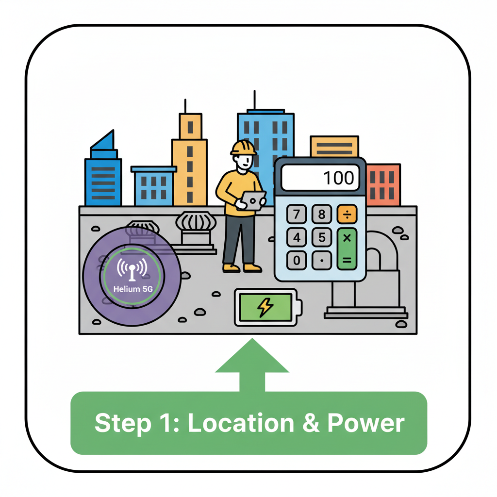 Urban rooftop site survey for Helium 5G hotspot, calculator app overlay, network map visualization